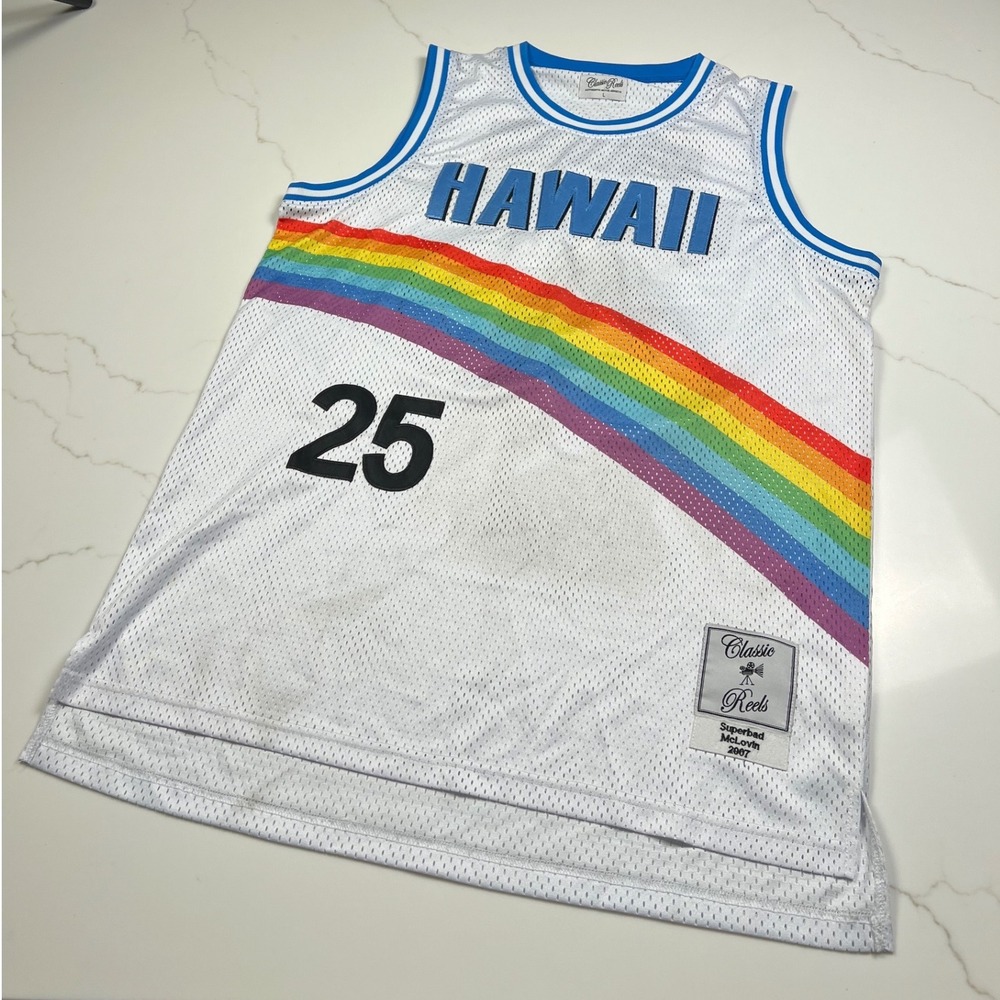 Classic Reels Superbad McLovin Jersey Mens Large Hawaii 25 Rainbow Mesh White